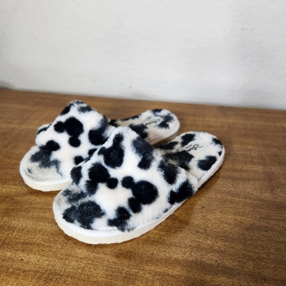 Disney Mickey Spot Black and White Fuzzy Slippers Kids 3